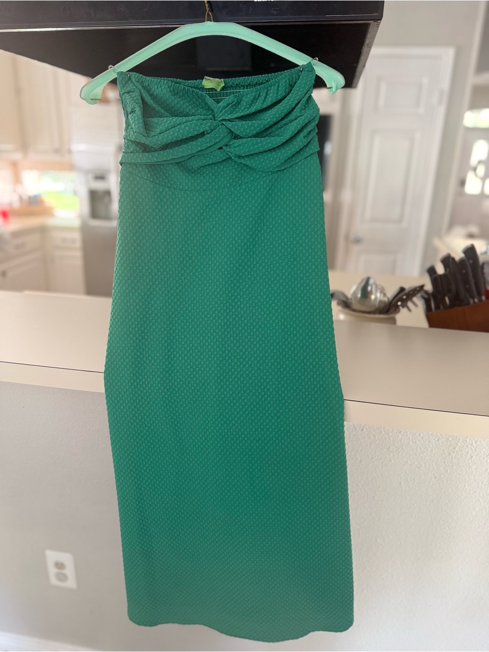 Strapless Twist-Front Green Midi Dress